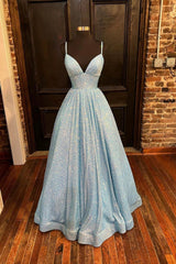 Blue Sequins Long A-Line Prom Dress, V-Neck Shiny Evening Party Dress