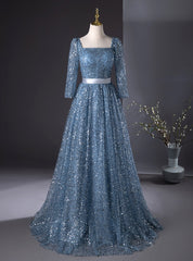 Blue Sequins Long Sleeve Square Prom Dresses