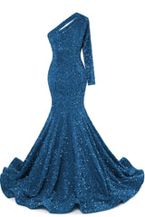 Blue Sequins Mermaid Prom Dresses One Shoulder Evening Dresses Floor Length Wedding Party Gowns