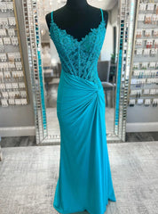 Blue Sheath Straps Appliques Beading Prom Dresses