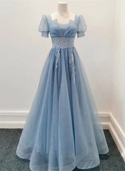 Blue Shiny Tulle Short Sleeves Long Formal Dresses, Blue A-line Prom Dresses