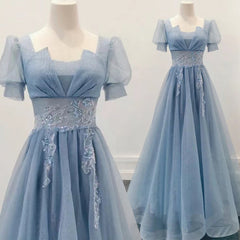 Blue Shiny Tulle Short Sleeves Long Formal Dresses, Blue A-line Prom Dresses