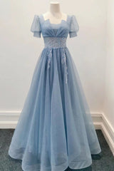 Blue Shiny Tulle Short Sleeves Long Formal Dresses, Blue A-line Prom Dresses