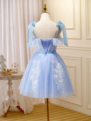 Blue Short Prom Dress, Puffy Cute Blue Homecoming Dress with Lace