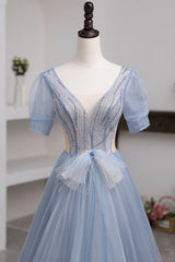 Blue Short Sleeve Tulle Floor Length Prom Dresses with Beaded