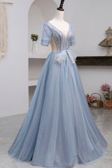 Blue Short Sleeve Tulle Floor Length Prom Dresses with Beaded