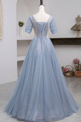 Blue Short Sleeve Tulle Floor Length Prom Dresses with Beaded