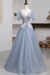 Blue Short Sleeve Tulle Floor Length Prom Dresses with Beaded