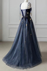 Blue Spaghetti Strap Long Prom Dress with Star, Blue Evening Party Dress