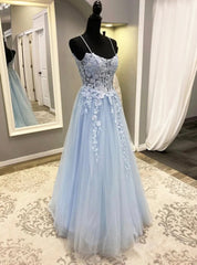 Blue Spaghetti Strap Tulle Appliques Prom Dresses