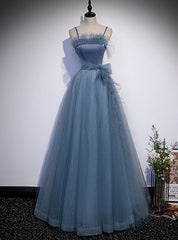 Blue Spaghetti Straps Tulle Sequins Beading Prom Dress