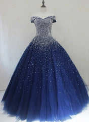 Blue Sparkle Off Shoulder Ball Party Dresses , Handmade Beaded Party Dresses