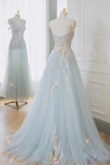 Blue Strapless Lace Formal Prom Dress, A-Line Tulle Evening Party Dress