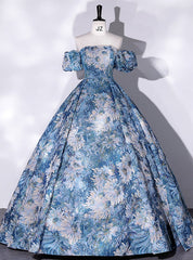 Blue Strapless Print Quinceanera Dresses With Detachable Sleeve