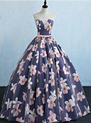 Blue Strapless Print Quinceanera Dresses