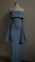 Blue Strapless Prom Dresses Long Sleeve Bodycon Party Dresses