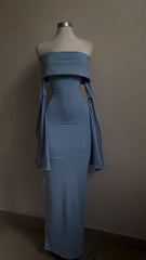 Blue Strapless Prom Dresses Long Sleeve Bodycon Party Dresses