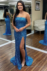 Blue Strapless Sequins Prom Dress with Slit