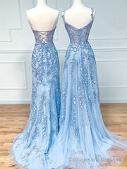 Blue Sweetheart Neck Lace Long Prom Dresses, Blue A-line Lace Graduation Dress