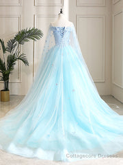 Blue Sweetheart Neck Tulle Lace Long Prom Dress, Blue Evening Dress