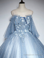 Blue Sweetheart Neck Tulle Lace Long Prom Dress, Blue Evening Dress