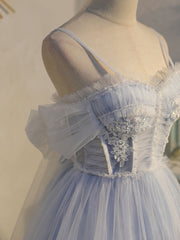 Blue sweetheart neck tulle lace short prom dress blue puffy homecoming dress