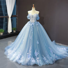 Blue Sweetheart Off Shoulder with Lace Applique Party Dresses, Blue Sweet 16 Dresses