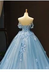 Blue Sweetheart Off Shoulder with Lace Applique Party Dresses, Blue Sweet 16 Dresses