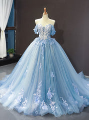 Blue Sweetheart Off Shoulder with Lace Applique Party Dresses, Blue Sweet 16 Dresses