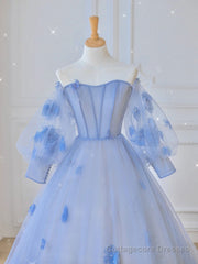 Blue Sweetheart Tulle 3D Flower Long Prom Dress, Blue Evening Dress