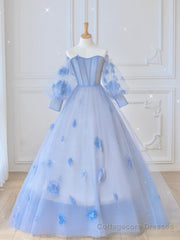 Blue Sweetheart Tulle 3D Flower Long Prom Dress, Blue Evening Dress