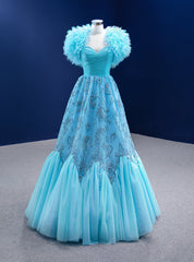 Blue Sweetheart Tulle Appliques Beading Pleats Prom Dresses