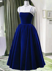 Blue Tea Length Velvet Straps Pearls Formal Dresses, Blue Homecoming Dresses