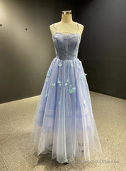 Blue Tulle Appliques Beading Prom Dress