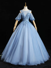 Blue Tulle Appliques Beading Short Sleeve Quinceanera Dresses