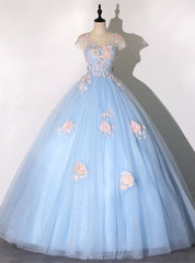 Blue Tulle Appliques Cap Sleeve Quinceanera Dresses