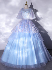 Blue Tulle Appliques Flying Sleeve Quinceanera Dresses