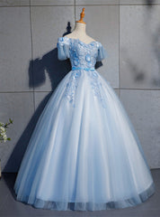 Blue Tulle Appliques Off the Shoulder Quinceanera Dresses