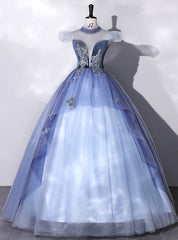 Blue Tulle Appliques See Through Back Quinceanera Dresses