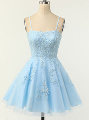 Blue Tulle Appliques Spagehtti Straps Homecoming Dresses