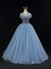 Blue Tulle Backless Beading Bow Prom Dresses