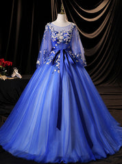 Blue Tulle Backless Sequins Appliques Quinceanera Dresses