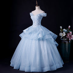 Blue Tulle Ball Gown Off Shoulder Layers Sweet 16 Dresses, Blue Formal Dresses with Lace