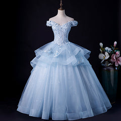 Blue Tulle Ball Gown Off Shoulder Layers Sweet 16 Dresses, Blue Formal Dresses with Lace