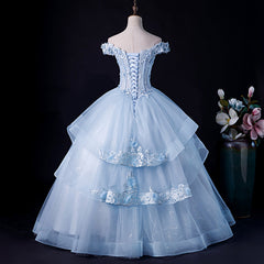 Blue Tulle Ball Gown Off Shoulder Layers Sweet 16 Dresses, Blue Formal Dresses with Lace