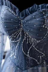 Blue Tulle Beaded Long Prom Dress, A-Line Long Sleeve Evening Dress