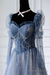 Blue Tulle Beaded Long Prom Dress, A-Line Long Sleeve Evening Dress