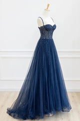 Blue Tulle Beaded Long Prom Dresses Formal Dresses