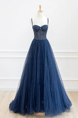 Blue Tulle Beaded Long Prom Dresses Formal Dresses