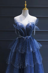 Blue Tulle Beaded Long Senior Prom Dress, A-Line Strapless Evening Party Dress